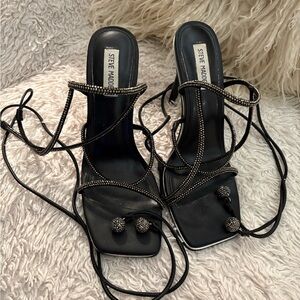 Steve Madden Black Rhinestone Lace-Up Heeled Sandals